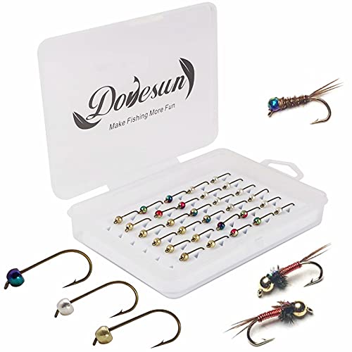 Dovesun Fliegenfischen Jig Kopf, Forellen Angeln Häkchen Fliegen Jighaken Materialien zum Fliegenbinden mit Fliegenbox 3.8mm-8# /30Stück von Dovesun