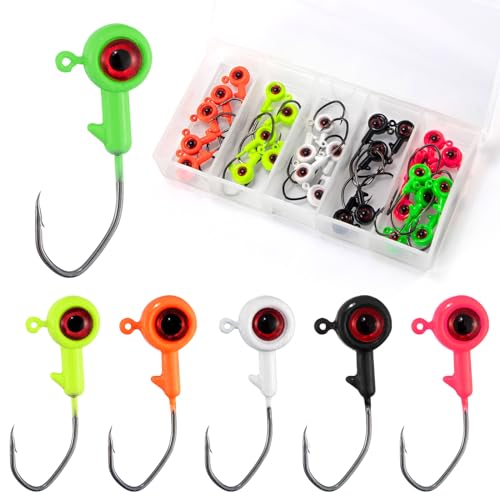 Dr.Fish 30 Stück Crappie Jig 6 Farben 3D Augen Angeln Jigkopf Süßwasser Crappie Forelle Panfish Jighaken Barsch Angeln Köder Jigkopf 1/8 Unzen von Dr.Fish