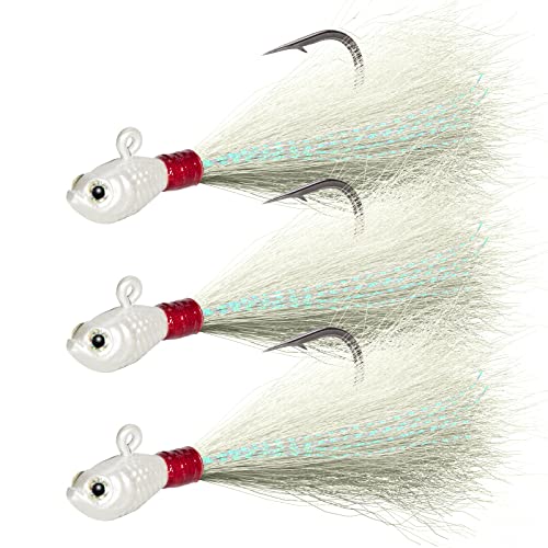 Dr.Fish Bucktail Jig Fluke Köder für Salzwasser und Süßwasser, sortiertes Set für Barsch Striper Bluefish Surf Angeln, Weiß, 1/2 Unzen Packung mit 3 Stück von Dr.Fish