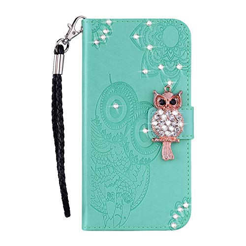 Draamvol Samsung A02S Hülle Eulenmuster Ledertasche Strass Bling Glitzer Schutzhülle Kartenhalter Magnet Flip Case mit Samsung Galaxy A02S Handyhülle,Grün von Draamvol