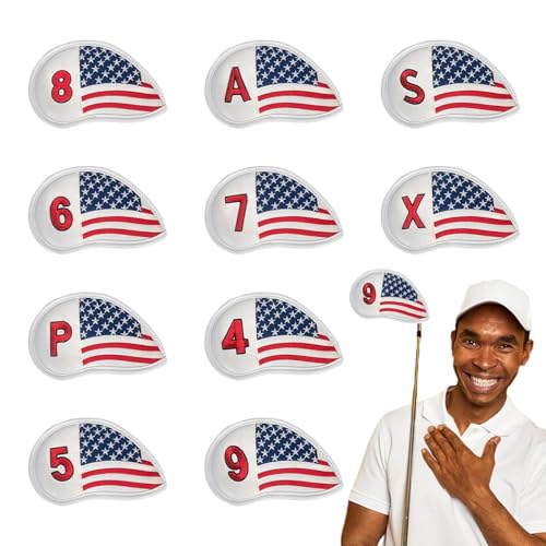 Dranng Golf-Eisenschlägerhauben-Set, patriotische Schlägerhaube,10X Eisen-Schlägerschutzhülle - US Stars Stripes Flag Pattern Design Wedge Cover, Eisenabdeckungen für Golfschläger von Dranng