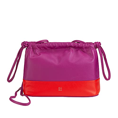 DUDU Damen-Umschlagtasche aus weichem Leder, farbige Clutch Bag mit Kordelzug und Schulterriemen Fuchsia von DuDu