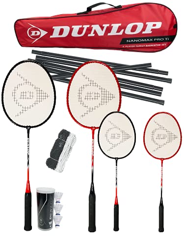 Dunlop Sports Nanomax Pro Ti Family Badminton-Set, inkl. 2 Erwachsene, Junior-Schläger, Netz, Pfosten, Tragetasche und 3 Shuttles, Einheitsgröße von DUNLOP