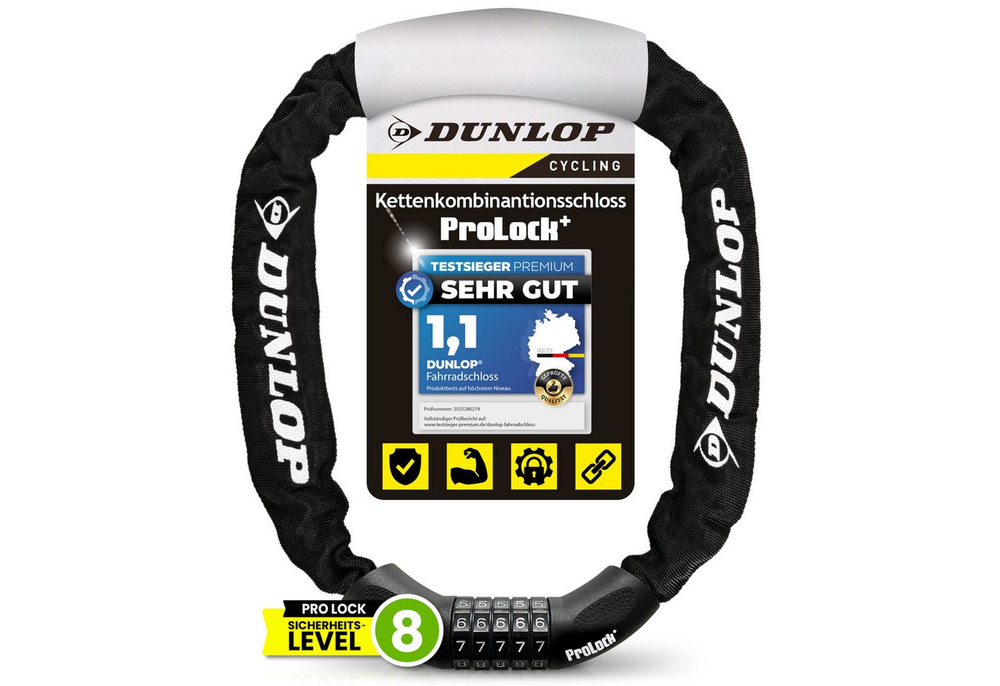 Dunlop Zahlenkettenschloss Fahrradschloss mit 5er Zahlencode Zahlenschloss Hohe Sicherheit 100 cm, verstärkter Stahl -Textilummantelung mit UV-Schutz Dunlop Zahlenkettenschloss Fahrradschloss mit 5er Zahlencode Zahlenschloss Hohe Sicherheit 100 cm, verstärkter Stahl -Textilummantelung mit UV-Schutz von Dunlop