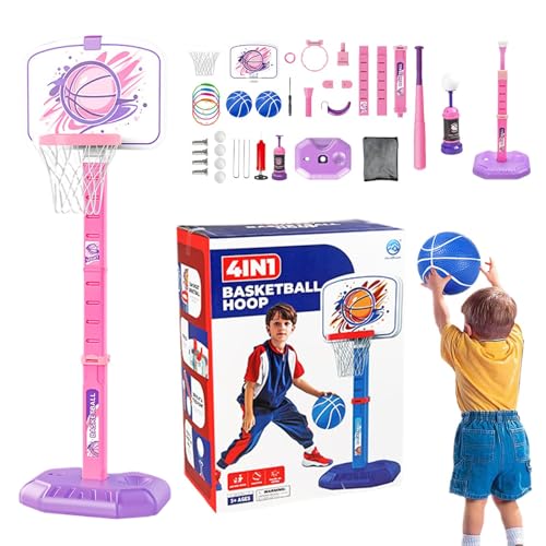 Duroecsain 4-in-1-Basketballständer, Basketballständer für Kinder, Basketballkorb und T-Ball-Spielzeugset, Basketballspielzeug mit hochelastischem Hohlbasketball für Zuhause, Schule, Partys und von Duroecsain