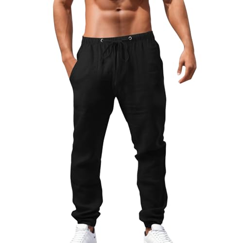 Dwevkeful Musselin Hose Herren Lang: Lang Sommer Pumphose Haremshose Leicht und Luftig Schwarz Freizeithose Leinenhose Casual Baumwolle Leinen Leinen Hose Weite Strandhose Linen Pants von Dwevkeful