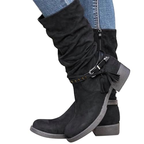 Gefütterte Schlupfstiefel Damen, Winterstiefel Damen Wildleder Winterstiefel Schlupfstiefel mit Schnalle Gefüttert Halbhohe Westernstiefel Spitz Bequemer Leicht Stiefeletten Halbstiefel von Dwevkeful