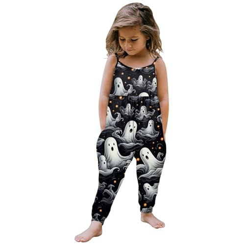 Geist kostüm Kinder, Jumpsuit Kinder Mädchen, Loose fit Spaghettiträger Jumpsuit Overall Ärmellose Weiche Leichte Lockere Halloween Kostüm Strampler mit Tasche Romper Latzhose von Dwevkeful