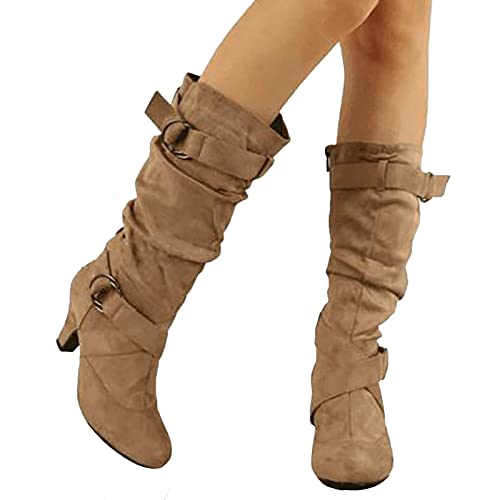 Halbstiefel Damen Elegant Mit Absatz, Stiefeletten Damen Leicht Winterstiefel Schlupfstiefel Spitz mit Schnalle Westernstiefel Stiefeletten Wildleder Gefüttert Halbhohe Halbstiefel Ankle Boots von Dwevkeful