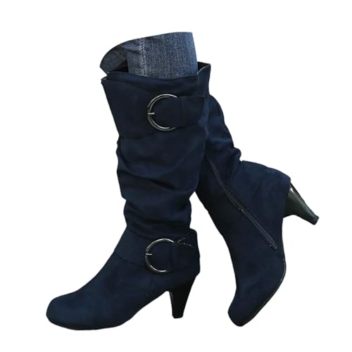 Hohe Schuhe Damen Elegant, Winterstiefel Damen Leicht Gefüttert Westernstiefel Halbhohe Wildleder Spitz Winterstiefel Stiefeletten Bequemer mit Schnalle Halbstiefel Schlupfstiefel von Dwevkeful