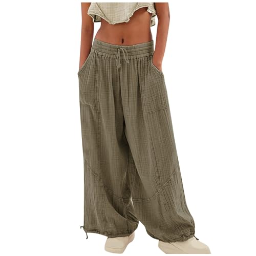 Leinenhose Damen Sommer Leicht Elegant Sommerhose Locker mit Gummizug Haremshose Musselin Hose High Waist Bequem Stoffhose Weite Beine Große Größen Schlupfhose von Dwevkeful