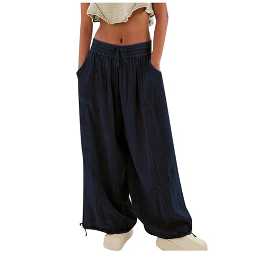 Leinenhose Damen Sommer Leicht Elegant Sommerhose Locker mit Gummizug Haremshose Musselin Hose High Waist Bequem Stoffhose Weite Beine Große Größen Schlupfhose von Dwevkeful