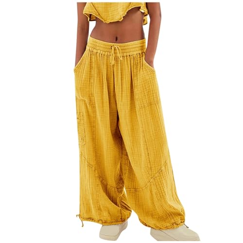 Leinenhose Damen Sommer Leicht Elegant Sommerhose Locker mit Gummizug Haremshose Musselin Hose High Waist Bequem Stoffhose Weite Beine Große Größen Schlupfhose von Dwevkeful