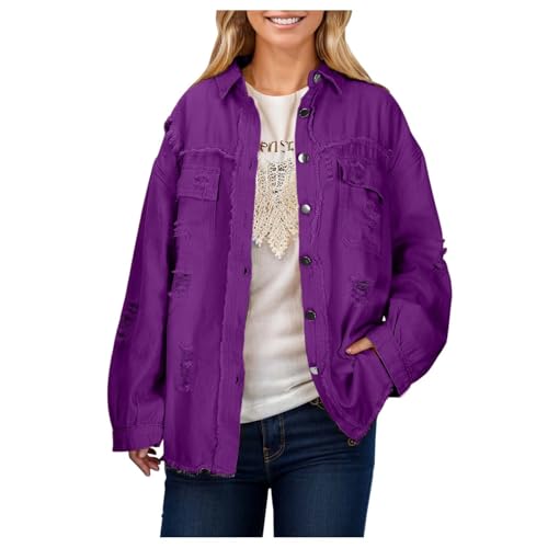 Outlet Jeansjacke Damen Stretch Oversize mit Tasche Damenjacken Übergangsjacken Winter mit Knöpfen Vintage Leicht Jacken Jeans Jacke Langarm Curvy Jeansjacke Kurze Jacke A05 Purple M von Dwevkeful