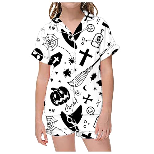 Schlafanzug Mädchen 128 Lang, Pyjama Teenager Mädchen, Leichte Bequem Zweiteiler Schlafshirt Negligee Halloween Kostüm Elegant mit Knopf Pyjamas Set Nachtwäsche Kurzarm Schlafanzug Hausanzug von Dwevkeful