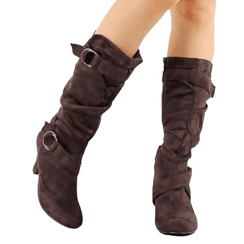 Schlupfstiefel Damen Winter Leder, Stiefeletten Damen Leicht Winterstiefel Schlupfstiefel Spitz mit Schnalle Westernstiefel Stiefeletten Wildleder Gefüttert Bequemer Halbhohe Halbstiefel Ankle Boots von Dwevkeful