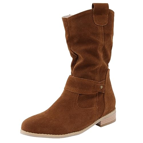 Stiefeletten Damen braun Leder, Stiefeletten Damen mit Absatz Elegant Wildleder Halbstiefel Spitz Schlupfschuhe Stiefel Mit Schnalle Winterstiefel Halbhohe Bequemer Ankle Boots Westernstiefel von Dwevkeful