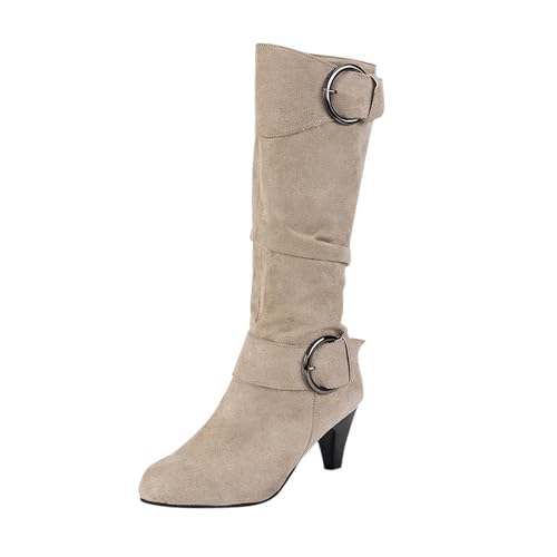 Winterstiefel Damen Gefüttert, Damen mit Absatz Wildleder mit Schnalle Halbstiefel Westernstiefel Spitz Bequemer Leicht Schlupfstiefel Gefüttert Halbhohe Elegant Winterstiefel von Dwevkeful