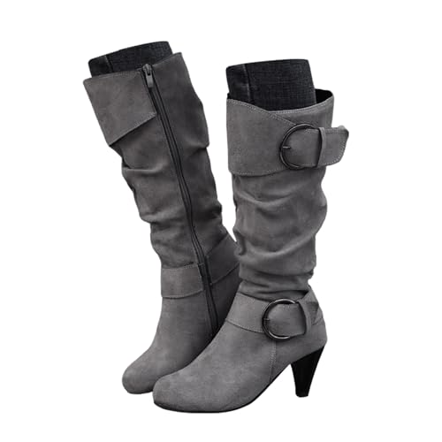 Winterstiefel Leder Damen Gr 39, Damen mit Absatz Gefüttert Elegant Spitz Leicht Schlupfstiefel Winterstiefel Bequemer mit Schnalle Wildleder Halbhohe Halbstiefel Westernstiefel von Dwevkeful