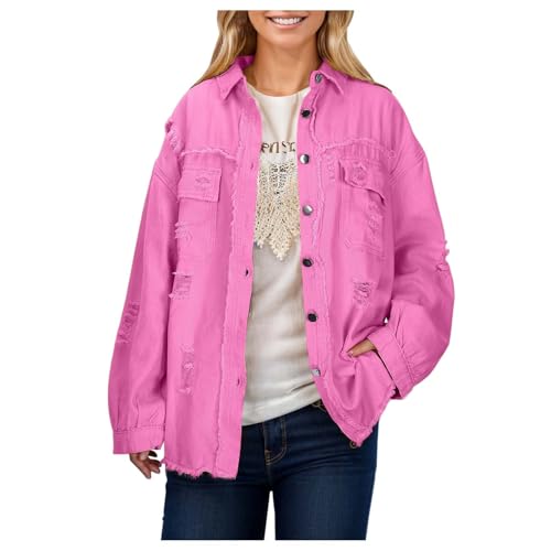 b Ware Jeansjacke Damen Stretch Oversize mit Tasche Damenjacken Übergangsjacken Winter mit Knöpfen Vintage Leicht Jacken Jeans Jacke Langarm Curvy Jeansjacke Kurze Jacke A05 Pink L von Dwevkeful