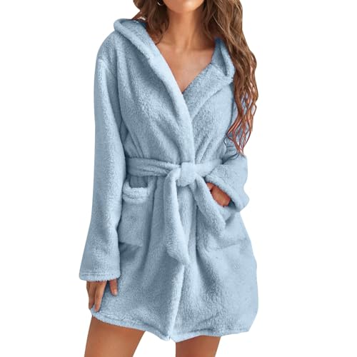 blitzangebote Bademantel Damen Leicht Fleece Schlafanzug Winter Pyjama mit Kapuze Elegant Morgenmantel Einfarbig Nachthemd Plüsch Kimono Flauschig Bademäntel Loungewear Gürtel Nachtwäsche A05 Blue M von Dwevkeful