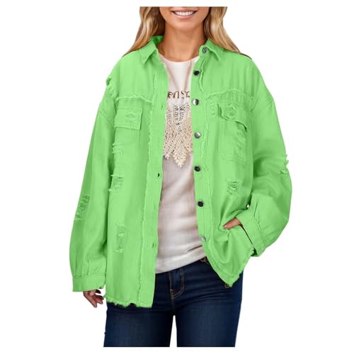 retouren Jeansjacke Damen Stretch Oversize mit Tasche Damenjacken Übergangsjacken Winter mit Knöpfen Vintage Leicht Jacken Jeans Jacke Langarm Curvy Jeansjacke Kurze Jacke A05 Green XL von Dwevkeful