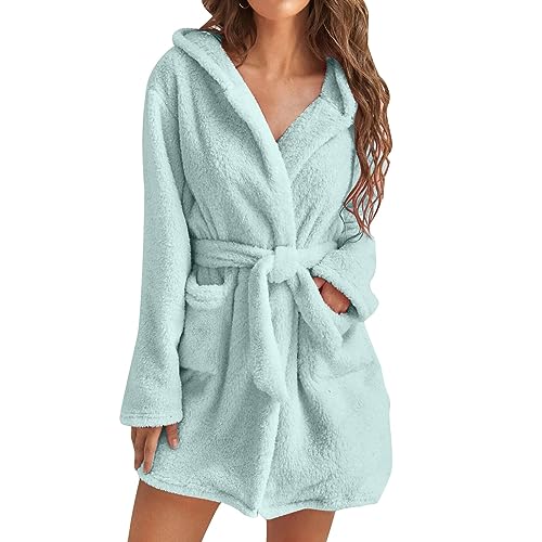 retourenkauf Bademantel Damen Leicht Fleece Schlafanzug Winter Pyjama mit Kapuze Elegant Morgenmantel Einfarbig Nachthemd Plüsch Kimono Flauschig Bademäntel Loungewear Gürtel Nachtwäsche A05 Green M von Dwevkeful