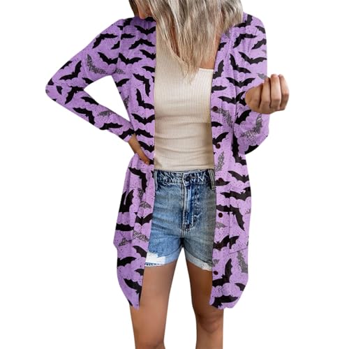 retourenkauf Halloween Kostüm Strickjacke Damen Lang Baumwolle Elegant Blusenjacke Kurzjacke Langarm Karneval Weich Cardigan Open Front Leicht Festlich Häkeljacke Jäckchen A02 Light Purple M von Dwevkeful