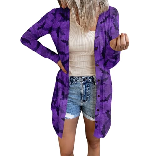 retourenkauf Halloween Kostüm Strickjacke Damen Lang Baumwolle Elegant Blusenjacke Kurzjacke Langarm Karneval Weich Cardigan Open Front Leicht Festlich Häkeljacke Jäckchen A02 Purple L von Dwevkeful