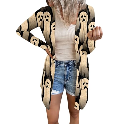 sale damen bekleidung Halloween Kostüm Strickjacke Damen Lang Baumwolle Elegant Blusenjacke Kurzjacke Langarm Karneval Weich Cardigan Open Front Leicht Festlich Häkeljacke Jäckchen A03 Khaki XL von Dwevkeful