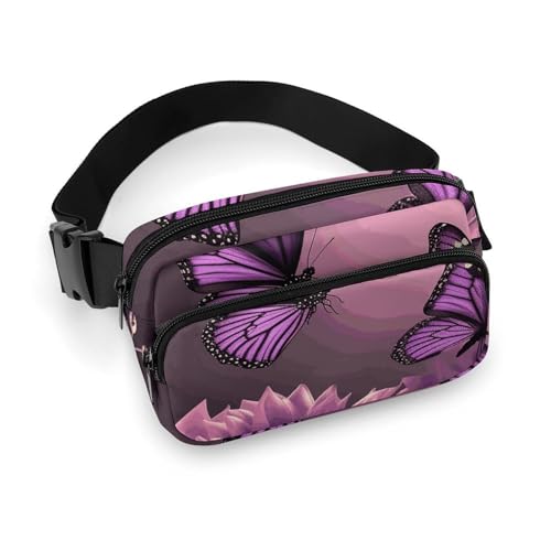 Gürteltasche mit 3D-Blumen und violettem Schmetterling, für Damen und Herren, Gürteltasche mit verstellbarem Riemen für Reisen, Sport, Wandern, 3D-Blumen und violetter Schmetterling, 20 x 13 cm, von Dwrepo