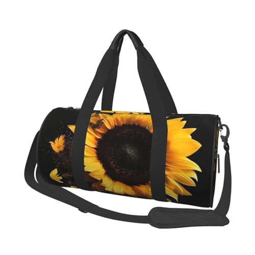 Reisetasche mit Sonnenblume auf schwarzem Hintergrund, mit Tasche und verstellbarem Riemen, große Sporttasche, modische Yoga-Tasche für Damen und Herren, Schwarz, Einheitsgröße, modisch, schwarz, von Dwrepo