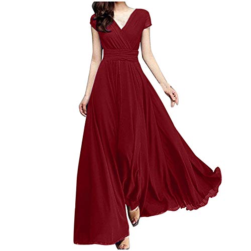 Abendkleid Damen Lang Elegant Spitze Cocktailkleid Einfarbige Maxikleid Rundhals Mittelarm Hochzeitskleid Reißverschluss Brautkleid Brautjungfern Kleid Slim Fit Abiballkleid Partykleid von Dyhxuan