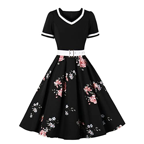 Dyhxuan 50er Rockabilly Petticoat Kleid Damen Blumen Druck Ballkleid Hohe Taille Cocktailkleid mit Gürtel Kurzarm V-Ausschnitt Abendkleid A-Linien Swing Partykleid Stitching Abiballkleid Midikleid von Dyhxuan