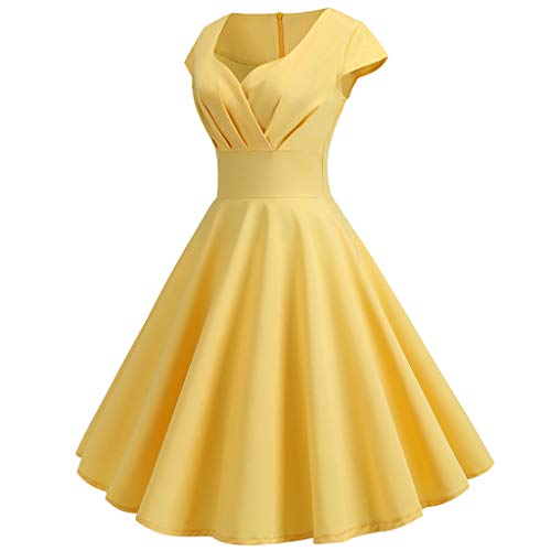 Dyhxuan 50er Rockabilly Petticoat Kleid Damen Hepburn Einfarbige Abendkleid Kurzarm Ballkleid mit V-Ausschnitt A-Linien Swing Cocktailkleid Hohe Taille Partykleid Abiballkleid Brautjungfern Kleider von Dyhxuan