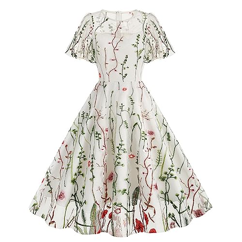 Dyhxuan 50er Rockabilly Petticoat Kleid Damen Hepburn Tüll Abendkleid Stickerei Blumen Druck Ballkleid Kurzarm Rundhals Partykleid Hohe Taille Abiballkleid A-Linie Brautjungfern Kleider Swing Kleid von Dyhxuan