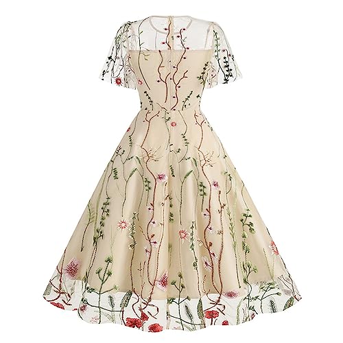 Dyhxuan 50er Rockabilly Petticoat Kleid Damen Hepburn Tüll Abendkleid Stickerei Blumen Druck Ballkleid Kurzarm Rundhals Partykleid Hohe Taille Abiballkleid A-Linie Brautjungfern Kleider Swing Kleid von Dyhxuan