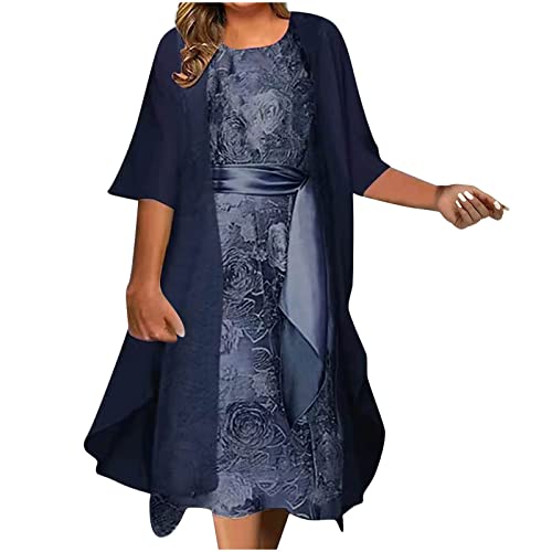 Dyhxuan Abendkleid Damen ärmellos Ballkleid mit Roundhals Knielang Cocktailkleid Zweiteiliges Set Damen Kleider Einfarbige Partykleid + Langarm Spitze Cardigan Jacke Abiballkleid Brautjungfern Kleid von Dyhxuan