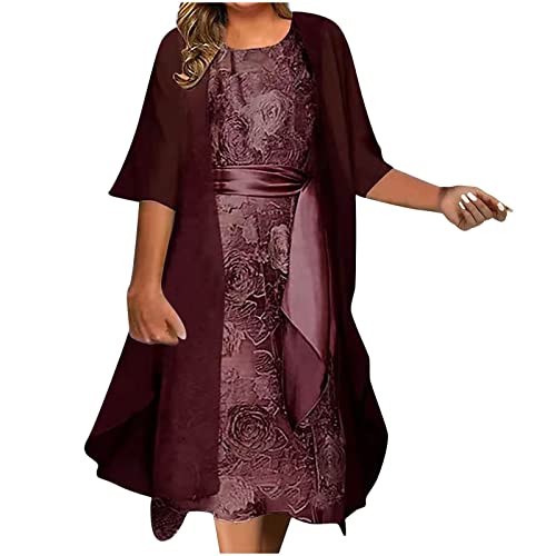 Dyhxuan Abendkleid Damen ärmellos Ballkleid mit Roundhals Knielang Cocktailkleid Zweiteiliges Set Damen Kleider Einfarbige Partykleid + Langarm Spitze Cardigan Jacke Abiballkleid Brautjungfern Kleid von Dyhxuan