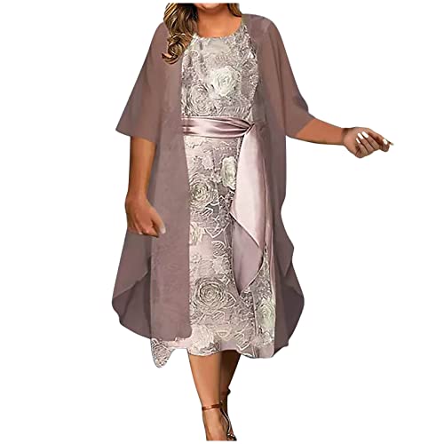 Dyhxuan Abendkleid Damen ärmellos Ballkleid mit Roundhals Knielang Cocktailkleid Zweiteiliges Set Damen Kleider Einfarbige Partykleid + Langarm Spitze Cardigan Jacke Abiballkleid Brautjungfern Kleid von Dyhxuan