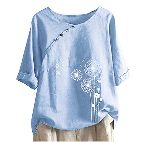 Dyhxuan Baumwoll Leinen Bluse für Damen Shirts Sommer Kurzarm T-Shirt Lässige Einfarbige Oberteile Pullover mit einfachem Muster Knopf Hemden Lose Blusentops in Übergröße Rundhals Tshirt S-5XL von Dyhxuan