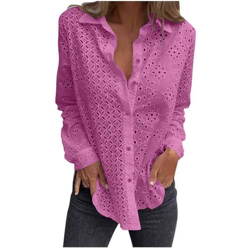 Dyhxuan Baumwolle Damen Langarmshirt Trendige Aushöhlen Oberteile Langarm Umlegekragen Bluse Einfarbige Shirt für Frauen Hemdbluse mit Knöpfe Locker Gemütlich Longbluse Autumn Winter Longtops von Dyhxuan