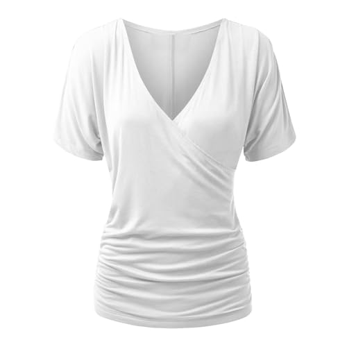 Dyhxuan Bluse Damen Sexy Tiefes V-Ausschnitt Tshirt mit Fledermausärmel Einfarbige Oberteile Tunika Blusen Sommer Falten Shirt Slim Fit Tops Stretch Partyshirt Sommershirts Geschenk Für Frauen von Dyhxuan