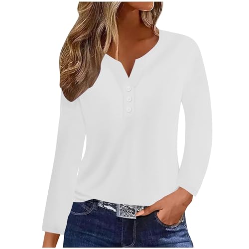 Dyhxuan Damen Langarmshirt V-Ausschnitt Bluse mit Knöpfe Lässig Einfarbige Pullover Langarm Tunika Oberteile Große Größen Longshirt Locker Bequeme Shirt Tops Longsleeve Hemdbluse S-3XL von Dyhxuan