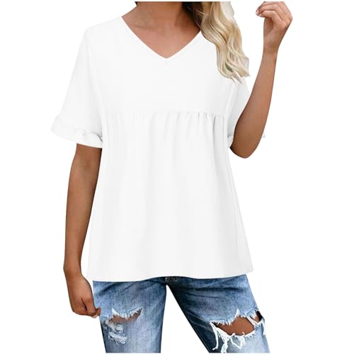 Dyhxuan Damen Oberteile V-Ausschnitt T Shirt Lässig Einfarbige Bluse Sommer Kurzarm Tshirt Festliche Party Pullover Locker Bequeme Sommerbluse All-Match Tunika Sportshirt Laufshirt S-2XL von Dyhxuan