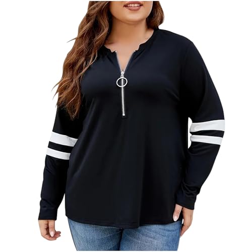 Dyhxuan Große Größen Bluse Damen 1/2 Reißverschluss Langarmshirt Gestreift/Farbblock Muster Pullover V-Ausschnitt Oberteile Langarm Shirt für Frauen Autumn Winter Tunika Locker Gemütlich Tops 4XL von Dyhxuan