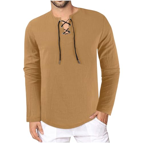 Dyhxuan Hemd Herren Langarm Mittelalterlich Langarmshirt mit Schnürung V-Ausschnitt Vintage Shirt Long Sleeve Einfarbige Oberteile Regulär Fit Tops Freizeithemd für Männer Autumn Winter Longshirt von Dyhxuan