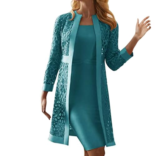 Dyhxuan Kleider Zweiteiliges Set Damen Einfarbige Abendkleid + Langarm Spitze Cardigan Jacke ärmellos Ballkleid mit Roundhals Knielang Cocktailkleid Partykleid Abiballkleid Brautjungfern Kleid von Dyhxuan