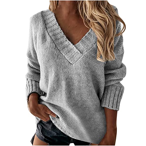 Dyhxuan Lässig Pullover Damen Baggy Sweater mit V-Ausschnitt Elegant Strickpullover Tops Einfarbig Pulli Oberteile Modischen Strickpulli Grobstick Blusentops Oberteile Weich Bequem Jumper für Frauen von Dyhxuan