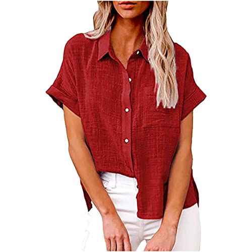 Dyhxuan Leinen Kurzarm Damen Bluse Einzelschnalle Shirt Baumwolle Leinen Oberteile Vintage Einfarbige T-Shirt Sommer Tops V-Ausschnitt Knöpfe Tunika Große Größen Hemdbluse Locker Umlegekragen Tshirt von Dyhxuan